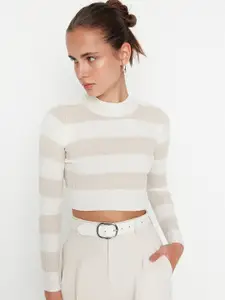 Trendyol Women Off White & Brown Striped Crop Pullover