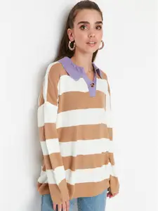 Trendyol Women Camel Brown & Off White Striped Pullover