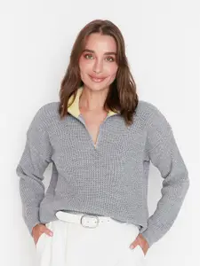 Trendyol Women Grey Ribbed Acrylic Pullover