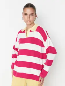 Trendyol Women White and Pink Striped Acrylic Pullover