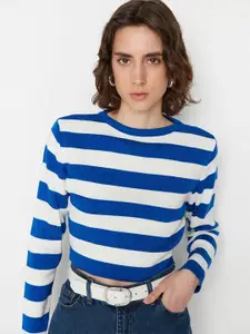 Trendyol Women Blue & White Striped Crop Pullover