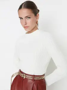 Trendyol Women White Ribbed Crop Pullover