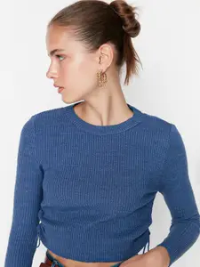 Trendyol Women Blue Ribbed Crop Pullover