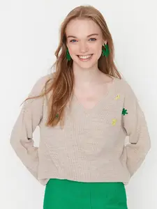 Trendyol Women Beige & Green Pullover with Embroidered Detail