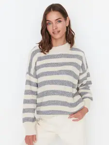 Trendyol Women Off White & Grey Striped Pullover