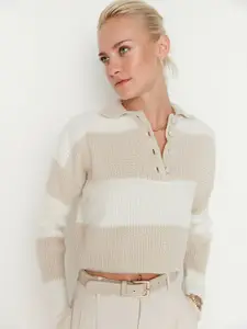 Trendyol Women Beige & Off White Striped Acrylic Pullover