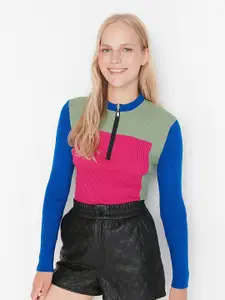 Trendyol Women Fuchsia & Blue Colourblocked Printed Pullover