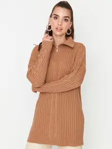 Trendyol Women Camel Brown Cable Knit Longline Pullover