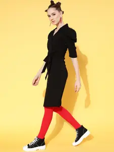 SASSAFRAS Black Solid Wrap Bodycon Dress