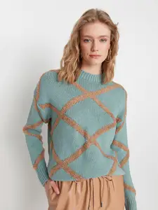 Trendyol Women Sea Green & Camel Brown Pullover Sweater