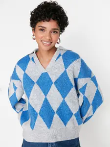 Trendyol Women Grey & Blue Printed Pullover