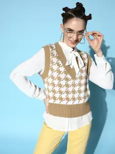 SASSAFRAS Women Brown & White Houndstooth Design Sweater Vest