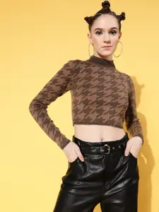 SASSAFRAS Women Brown Houndstooth Design Pullover