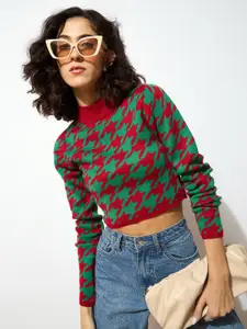 SASSAFRAS Women Red & Green Acrylic Houndstooth Crop Sweater