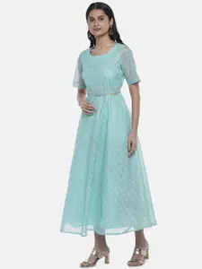 AKKRITI BY PANTALOONS Women Turquoise Blue Ethnic Printed Fit & Flare Dress