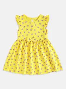 Pantaloons Baby Girls Yellow & Pink Conversation Printed Dress