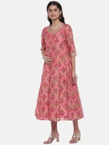 RANGMANCH BY PANTALOONS Women Coral Floral Chanderi Cotton A-Line Midi Dress WIth Dupatta
