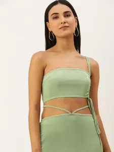 SHECZZAR Women Green Solid One-Shoulder Top & Skirt