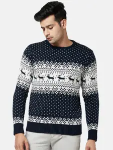BYFORD by Pantaloons Men Navy Blue & White Printed Acrylic Round Neck Pullover
