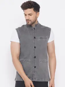 John Pride Men Grey Solid Woven Denim Nehru Jacket