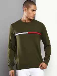 Tommy Hilfiger Men Green Round Neck Pure Cotton Pullover Sweaters