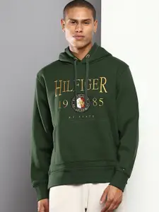 Tommy Hilfiger Men Green Printed Hooded Cotton Sweatshirt
