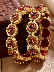 KARATCART Women Set Of 2 Gold-Plated Red & Green Crystals-Studded Floral Design Bangles