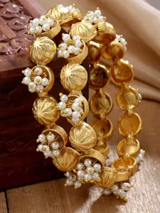 KARATCART Set Of 2 Gold-Plated& White Pearl Beaded Floral Rajwadi Design Bangles