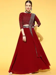 Kvsfab Women Maroon Floral Embroidered Top with Skirt & Dupatta