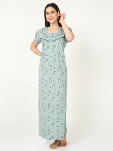 9shines Label Women Olive Green Printed Pure Cotton Maternity Maxi Nightdress
