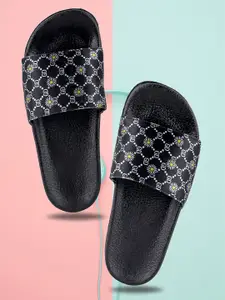 FREECO Women Black & White Geometric Printed Sliders