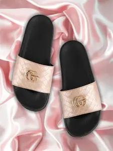 FREECO Women Pink & Black Self Design Sliders