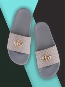 FREECO Women Grey & Gold-Toned Self Design Sliders