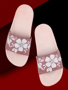 FREECO Women Peach-Coloured & White Floral Printed Sliders