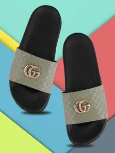 FREECO Women Black & Gold-Toned Self Design Sliders