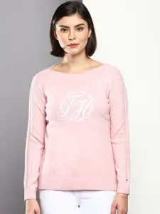 Tommy Hilfiger Women Pink & White Embroidered Pure Cotton Pullover
