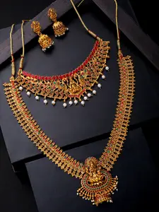 Yellow Chimes Gold-Plated Temple Bridal Choker & Long Necklace With Earrings Jewellery Set