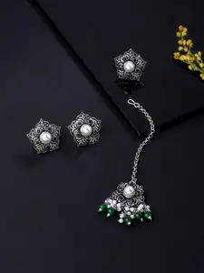 Yellow Chimes Women Silver Oxidised Set of Ring Earring & Maangtikka Set