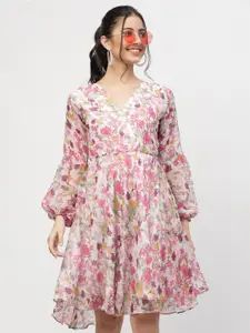 MISS AYSE Women Off White & Pink Floral Georgette Dress