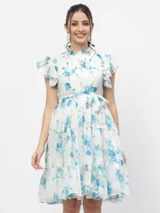 MISS AYSE Women White & Blue Floral Georgette Dress