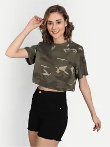 CHARMGAL Women Olive Green & Beige Camouflage Printed Oversized Crop T-shirt