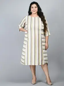 PrettyPlus by Desinoor.com Plus Size Beige & White Striped A-Line Midi Dress