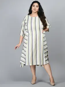 PrettyPlus by Desinoor.com Plus Size Grey & White Striped A-Line Midi Dress