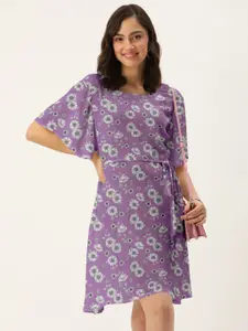 DressBerry Women Purple & White Floral Printed A-Line Dress