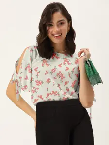 DressBerry Women Green & Coral Floral Printed Boat Neck Top