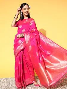 Mitera Pink & Gold-Toned Woven Design Zari Silk Blend Banarasi Saree
