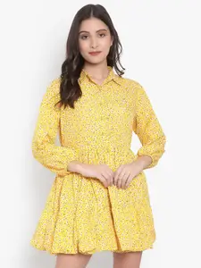Indietoga Women Yellow Floral Printed Tiered Dress