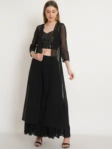 Purple State Women Black Embroidered & Mirror Work Top & Sharara With Shrug