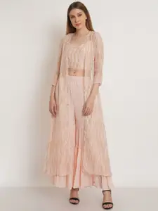 Purple State Women Peach-Coloured Woven Design Top & Sharara With Shrug
