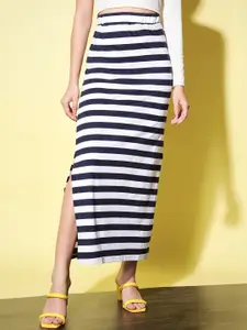 Trend Arrest Women Navy Blue & White Striped Maxi Skirt